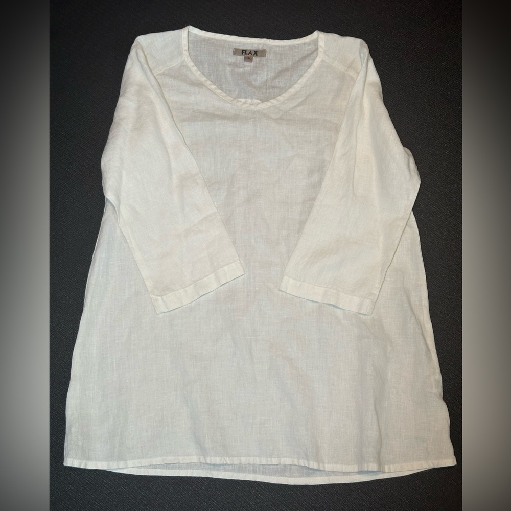 FLAX 100% Linen V-Neck Tunic Top White Classic Minimalist Oversized Boho